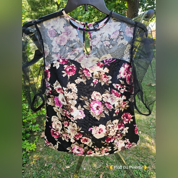 SHEIN Clasi Plus Keyhole Back Floral Print Mesh Panel Top size 0XL (12) - Picture 2 of 8